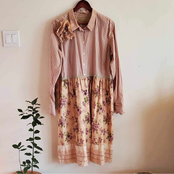 Custom Upcycled Tunic Long Sleeves Button Up Ruffle Hem Mixed Print | L/XL - Picture 1 of 6